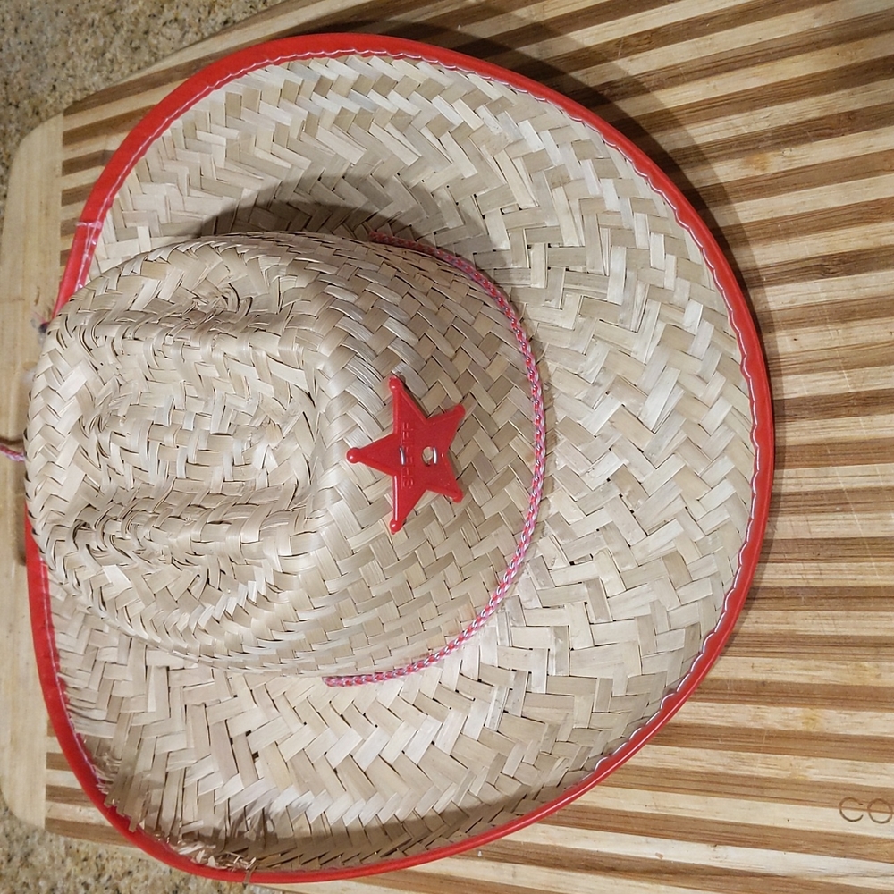 Red trimmed womens straw cowboy hat with chinstrap